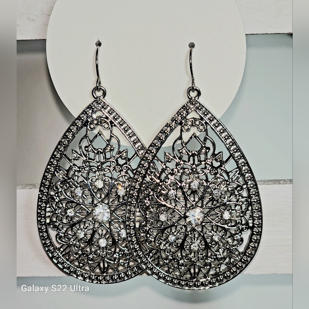 Ornate Silvertone Large Teardrop Dangle Boho Earrings